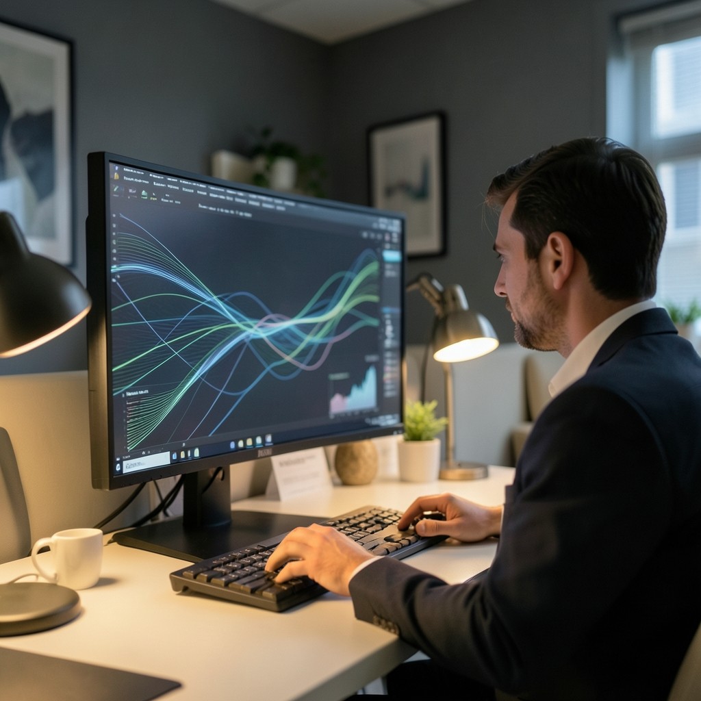 Analyst reviewing layered liquidity flow diagrams on a wide monitor in a quiet research office